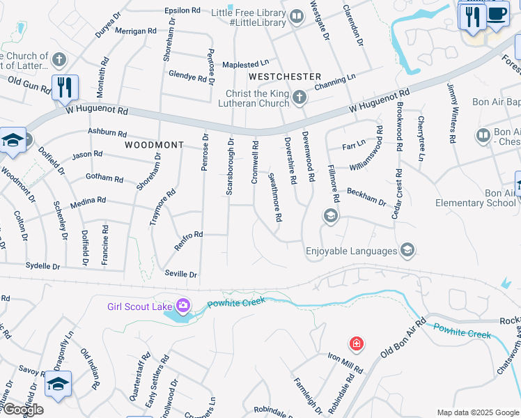 map of restaurants, bars, coffee shops, grocery stores, and more near 2501 Cromwell Road in Richmond