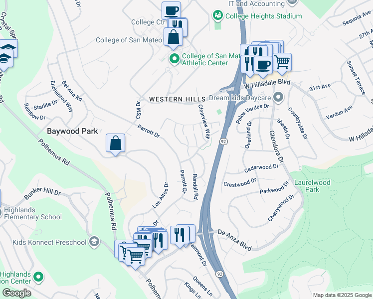 map of restaurants, bars, coffee shops, grocery stores, and more near 6 Havenridge Court in San Mateo