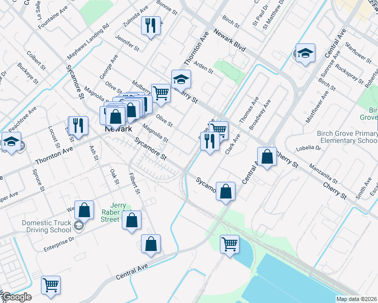 map of restaurants, bars, coffee shops, grocery stores, and more near 37282 Magnolia Street in Newark