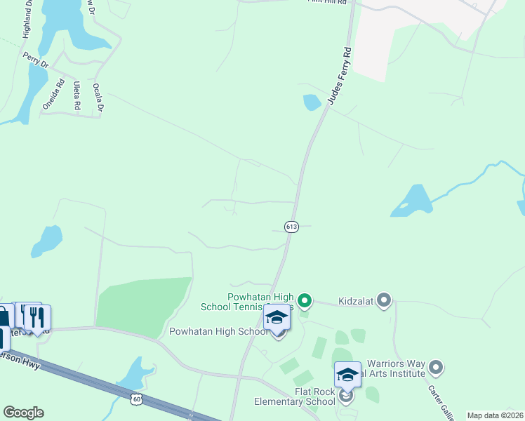 map of restaurants, bars, coffee shops, grocery stores, and more near 1985 Judes Ferry Road in Powhatan