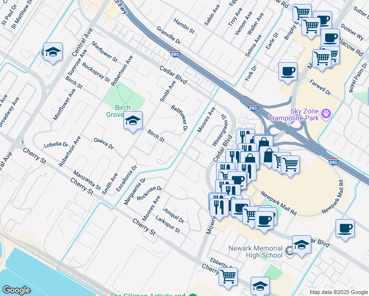 map of restaurants, bars, coffee shops, grocery stores, and more near 5965 Moores Avenue in Newark
