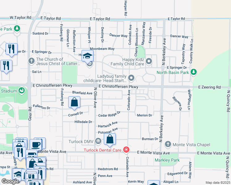 map of restaurants, bars, coffee shops, grocery stores, and more near 1022 La Paloma St in Turlock