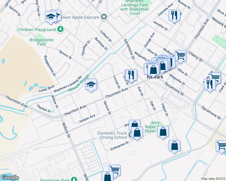 map of restaurants, bars, coffee shops, grocery stores, and more near 7881 Thornton Avenue in Newark