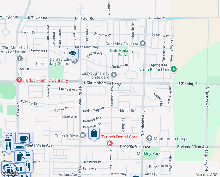 map of restaurants, bars, coffee shops, grocery stores, and more near 3865 Colorado Avenue in Turlock