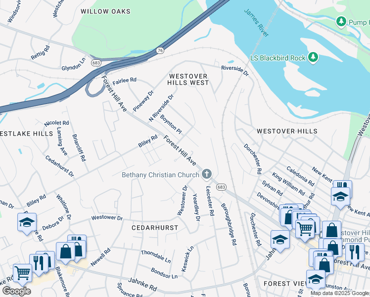 map of restaurants, bars, coffee shops, grocery stores, and more near 5552 Forest Hill Avenue in Richmond