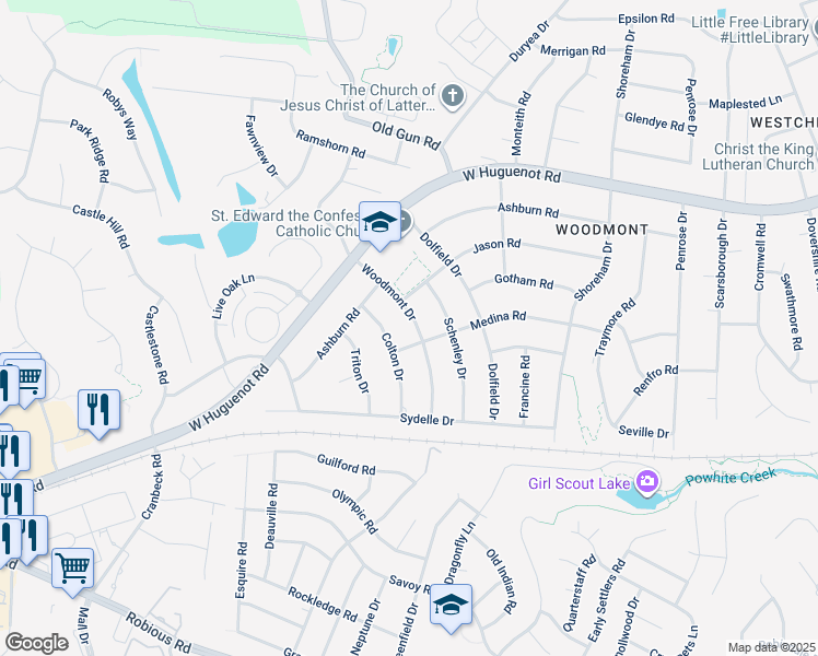 map of restaurants, bars, coffee shops, grocery stores, and more near 2510 Woodmont Drive in Richmond