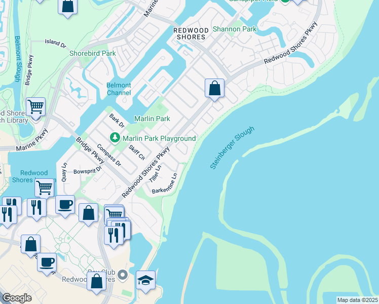 map of restaurants, bars, coffee shops, grocery stores, and more near 24 Cadiz Circle in Redwood City