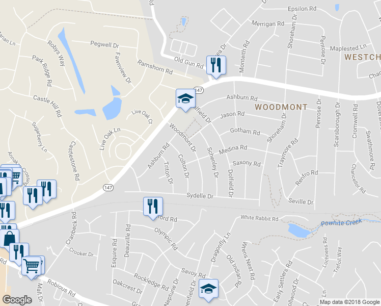 map of restaurants, bars, coffee shops, grocery stores, and more near 2510 Woodmont Drive in Richmond