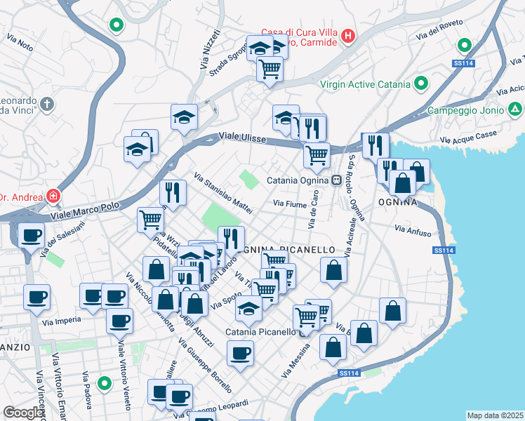 map of restaurants, bars, coffee shops, grocery stores, and more near 88 Via Giovanni Prati in Catania