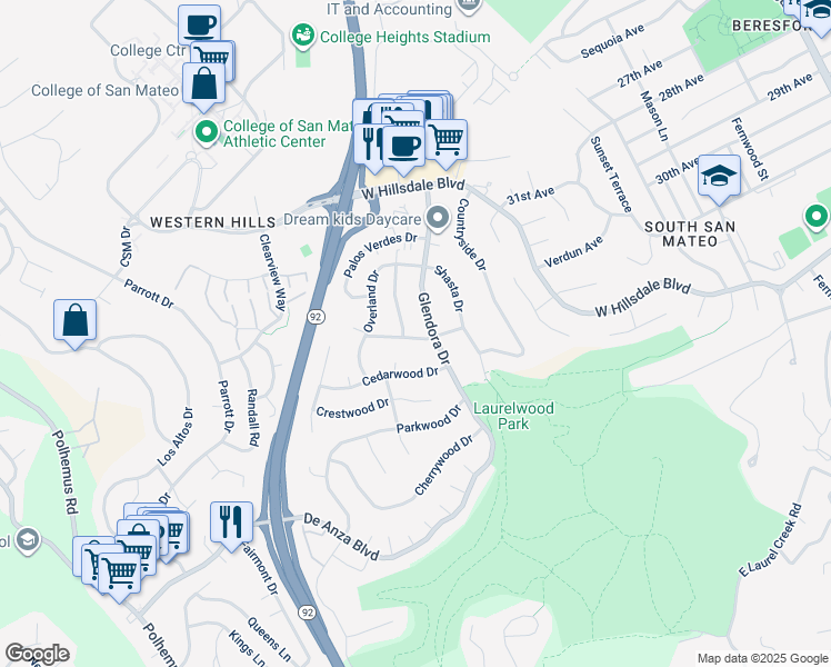 map of restaurants, bars, coffee shops, grocery stores, and more near 1426 Woodberry Avenue in San Mateo