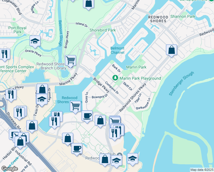 map of restaurants, bars, coffee shops, grocery stores, and more near 436 Compass Drive in Redwood City