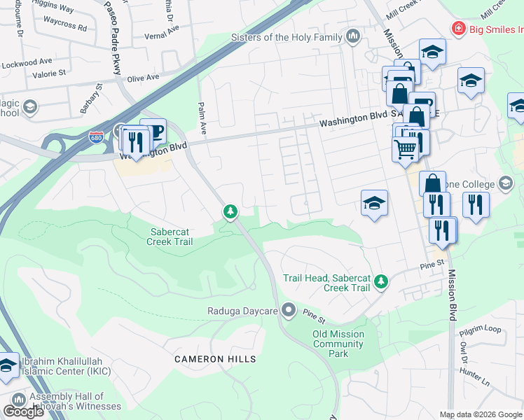 map of restaurants, bars, coffee shops, grocery stores, and more near 43518 Gallegos Avenue in Fremont