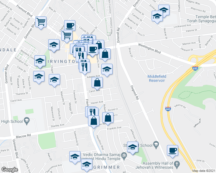 map of restaurants, bars, coffee shops, grocery stores, and more near 41641 Carol Terrace in Fremont