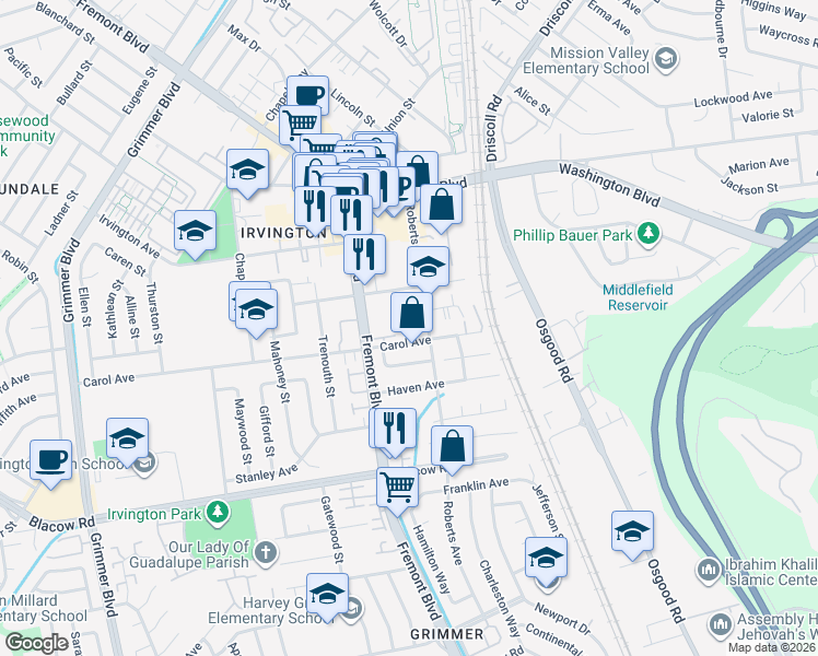 map of restaurants, bars, coffee shops, grocery stores, and more near 41401 Roberts Avenue in Fremont