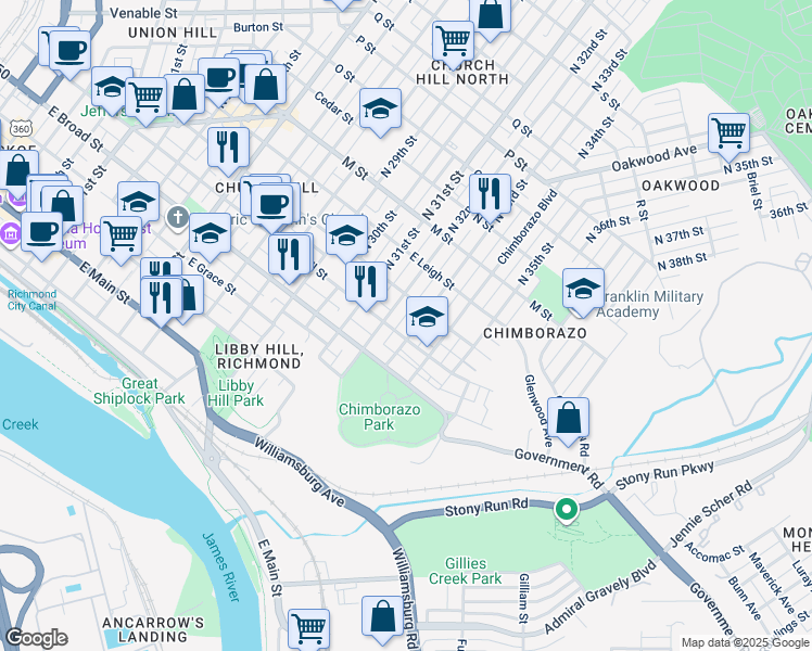 map of restaurants, bars, coffee shops, grocery stores, and more near 406 North 33rd Street in Richmond