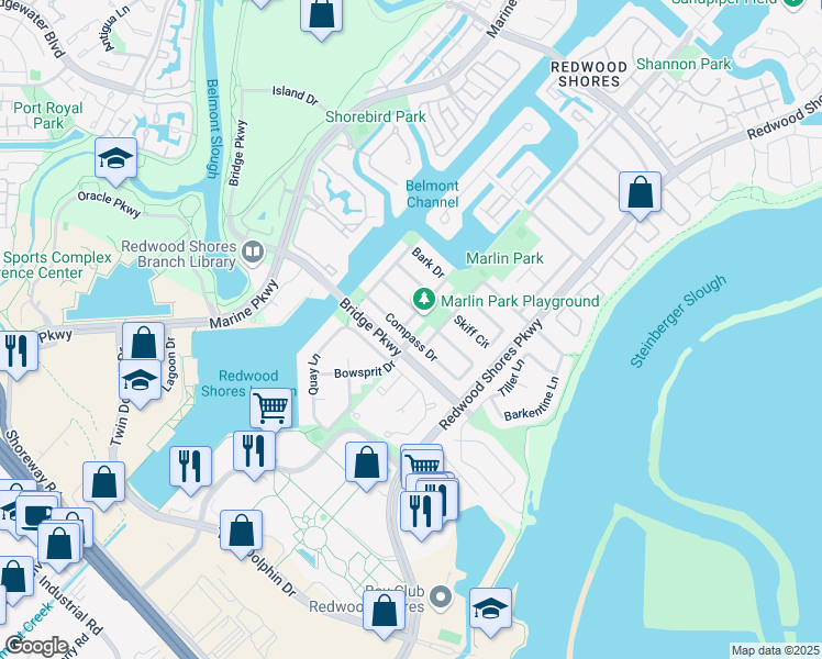 map of restaurants, bars, coffee shops, grocery stores, and more near 436 Compass Drive in Redwood City