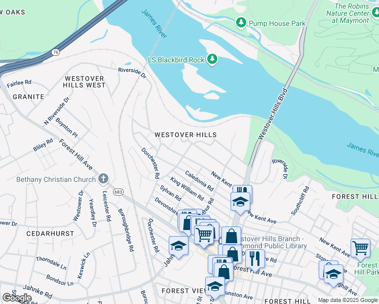 map of restaurants, bars, coffee shops, grocery stores, and more near 1903 Prince Edward Road in Richmond