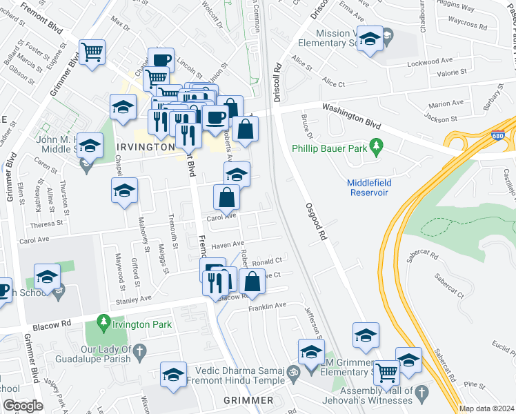 map of restaurants, bars, coffee shops, grocery stores, and more near 41641 Carol Terrace in Fremont