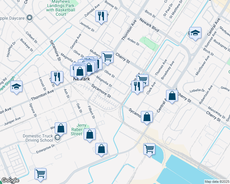 map of restaurants, bars, coffee shops, grocery stores, and more near 37155 Magnolia Street in Newark