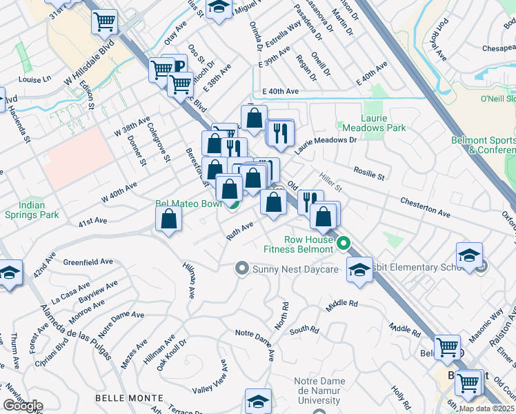 map of restaurants, bars, coffee shops, grocery stores, and more near 819 North Road in Belmont