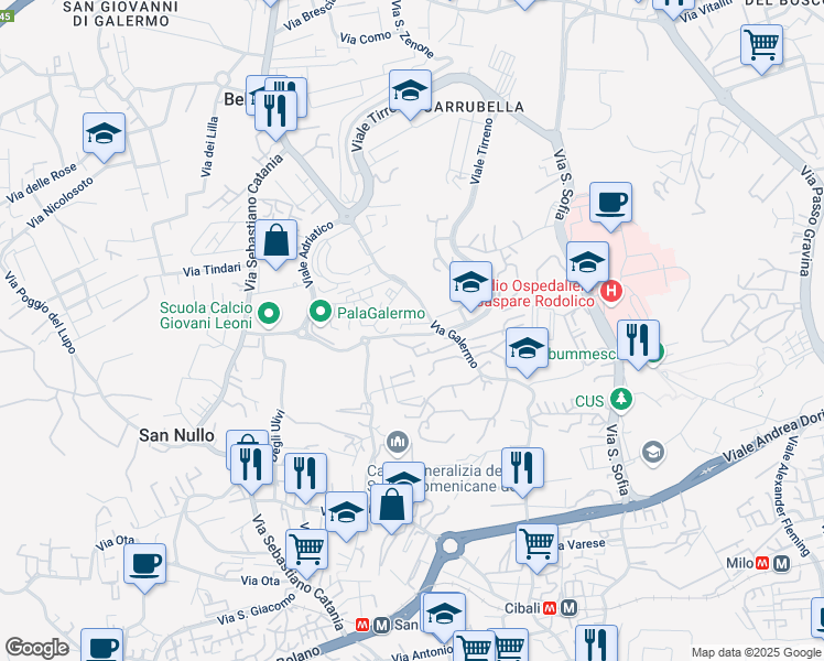 map of restaurants, bars, coffee shops, grocery stores, and more near 17 Via Fratelli Gualandi in Catania