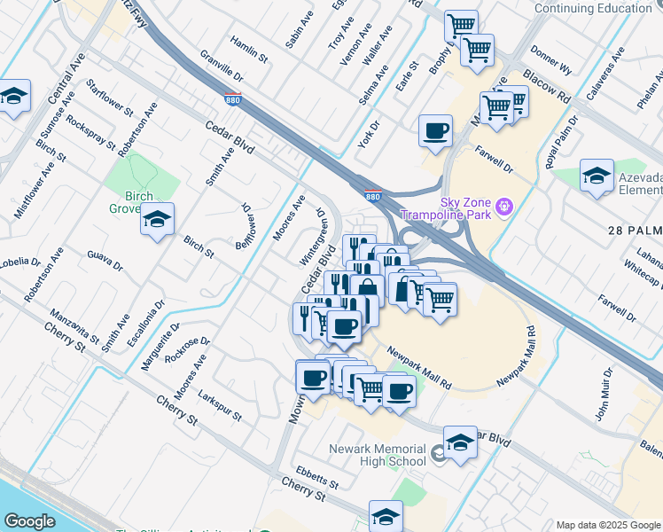 map of restaurants, bars, coffee shops, grocery stores, and more near 38887 Pinwheel Place in Newark