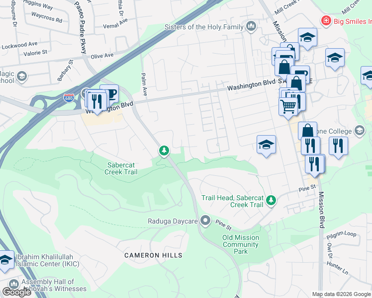 map of restaurants, bars, coffee shops, grocery stores, and more near 43518 Gallegos Avenue in Fremont