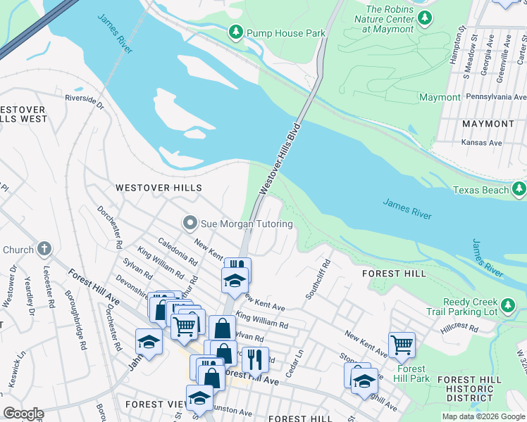 map of restaurants, bars, coffee shops, grocery stores, and more near 2023 Westover Hills Boulevard in Richmond