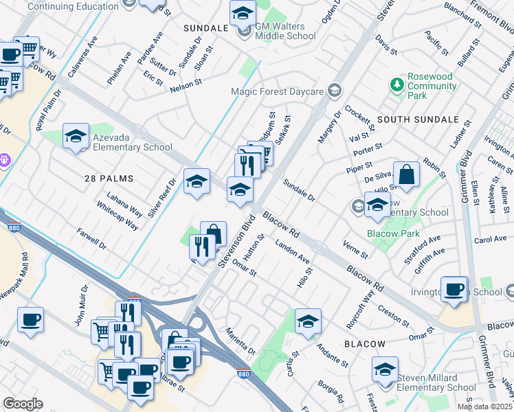 map of restaurants, bars, coffee shops, grocery stores, and more near 4999 Stevenson Boulevard in Fremont