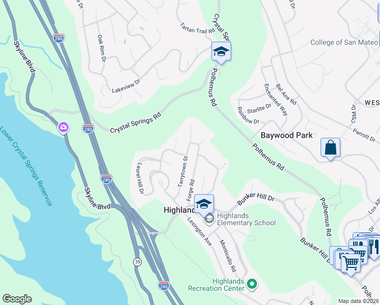 map of restaurants, bars, coffee shops, grocery stores, and more near 1487 Tarrytown Street in San Mateo