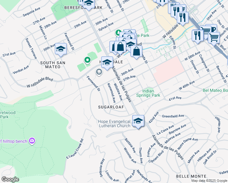map of restaurants, bars, coffee shops, grocery stores, and more near 3709 Kenwood Avenue in San Mateo