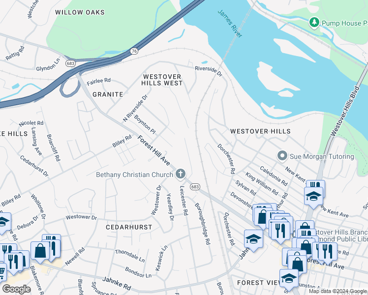 map of restaurants, bars, coffee shops, grocery stores, and more near 1770 Leicester Road in Richmond