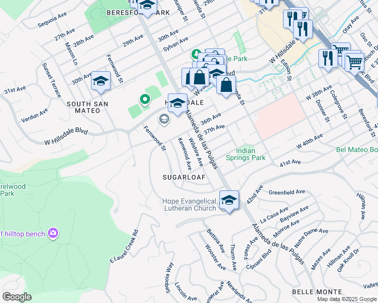 map of restaurants, bars, coffee shops, grocery stores, and more near 3709 Kenwood Avenue in San Mateo