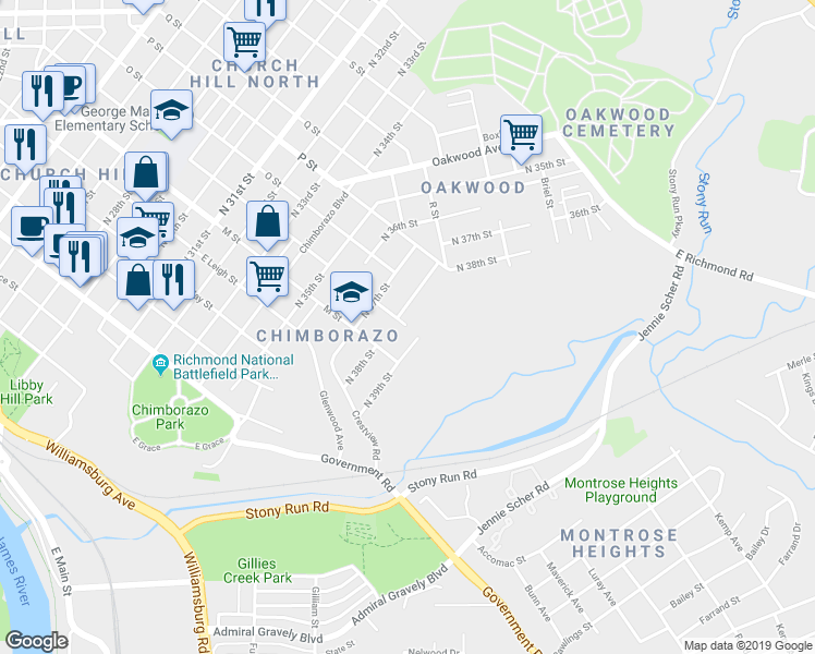 map of restaurants, bars, coffee shops, grocery stores, and more near 4313 N Street in Richmond