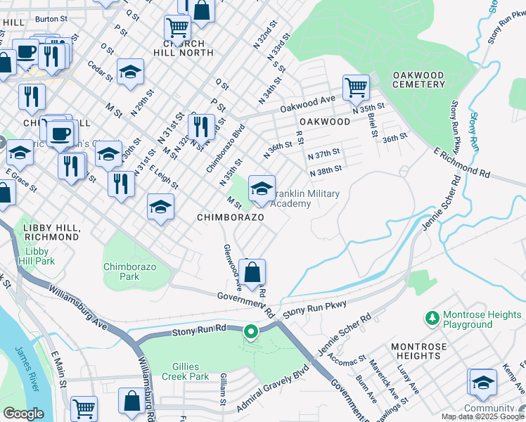map of restaurants, bars, coffee shops, grocery stores, and more near 701 North 37th Street in Richmond