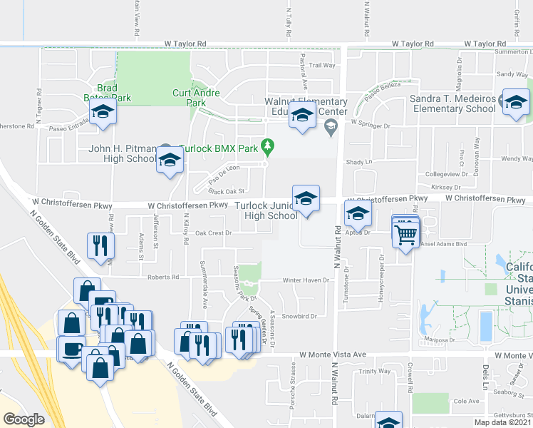 map of restaurants, bars, coffee shops, grocery stores, and more near 3933 Shady Oak Court in Turlock