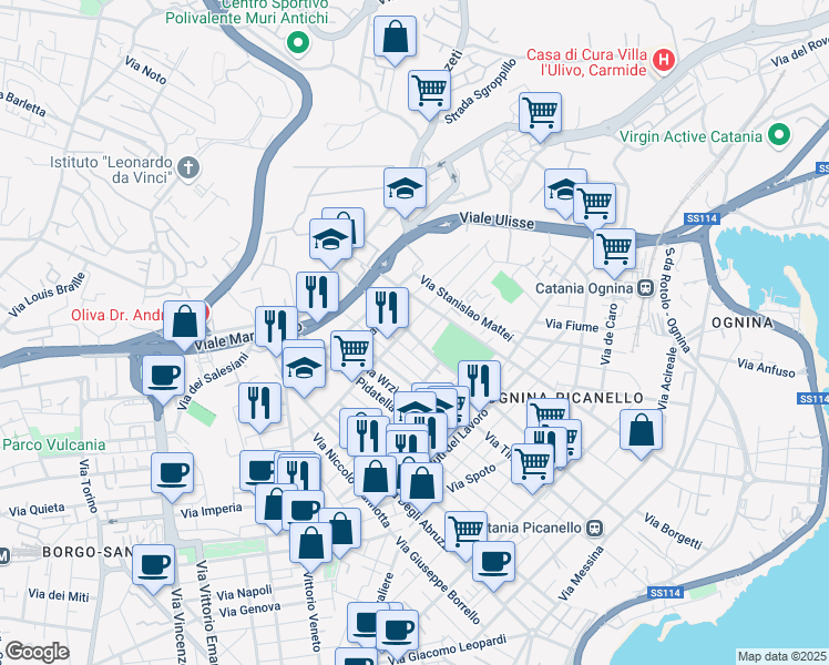 map of restaurants, bars, coffee shops, grocery stores, and more near 20 Via Antonio Cagnoni in Catania