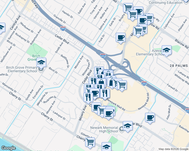 map of restaurants, bars, coffee shops, grocery stores, and more near 38920 Snapdragon Place in Newark
