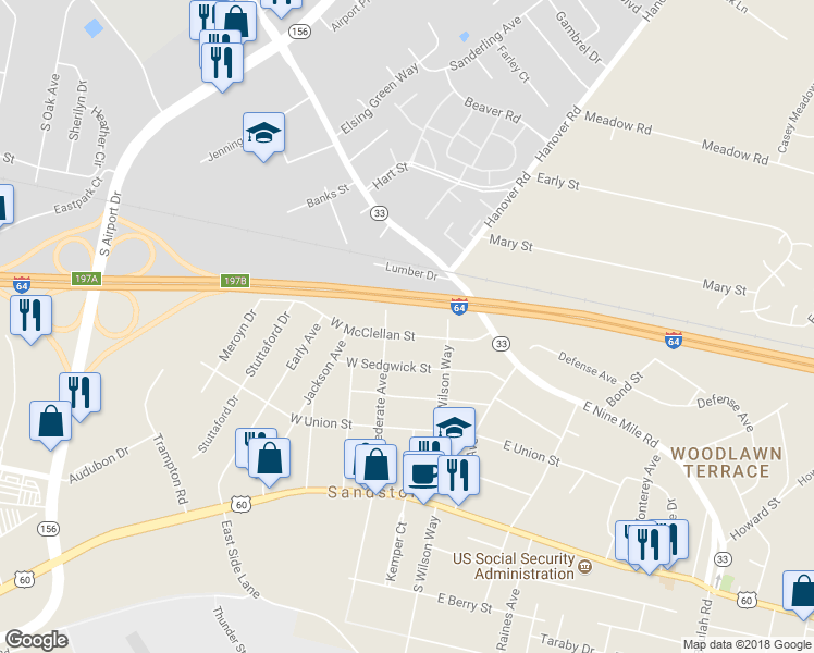 map of restaurants, bars, coffee shops, grocery stores, and more near 16 West McClellan Street in Sandston