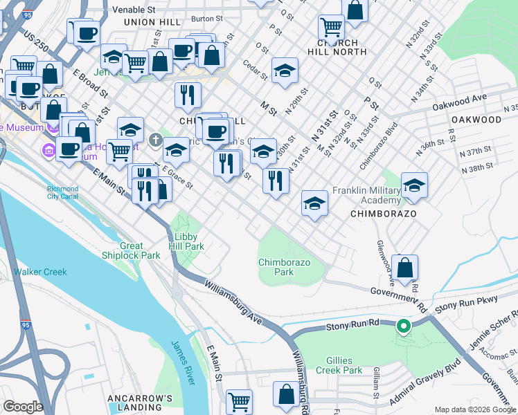 map of restaurants, bars, coffee shops, grocery stores, and more near 3020 East Broad Street in Richmond