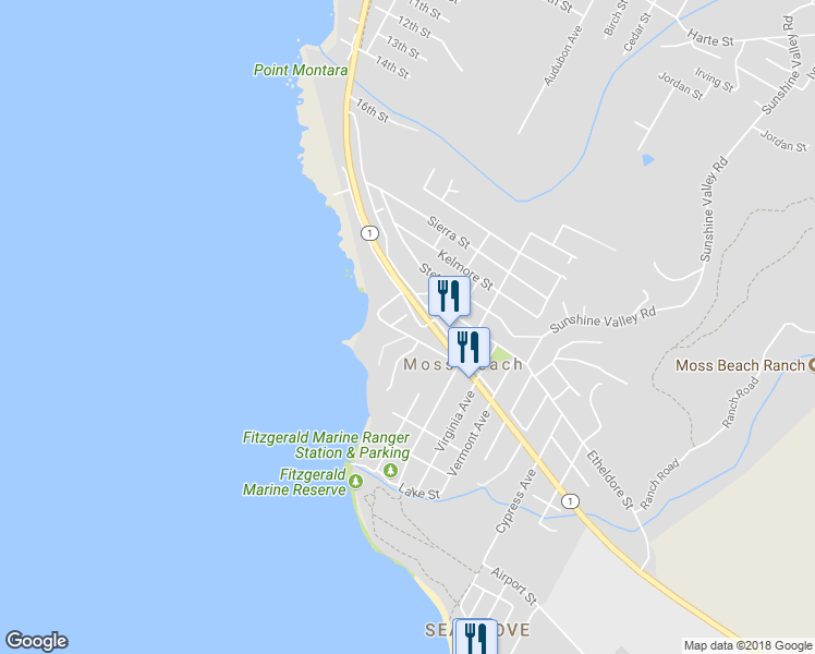 map of restaurants, bars, coffee shops, grocery stores, and more near 184 Wienke Way in Moss Beach