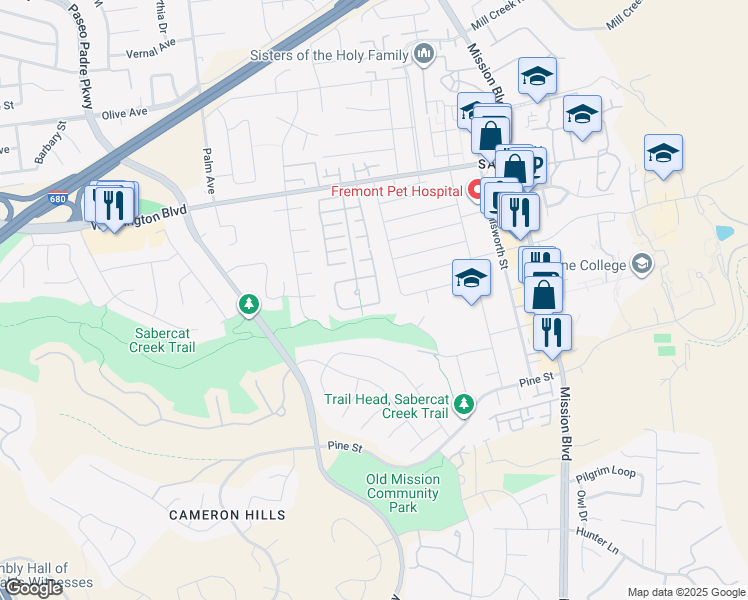 map of restaurants, bars, coffee shops, grocery stores, and more near 43401 Laurel Glen Common in Fremont