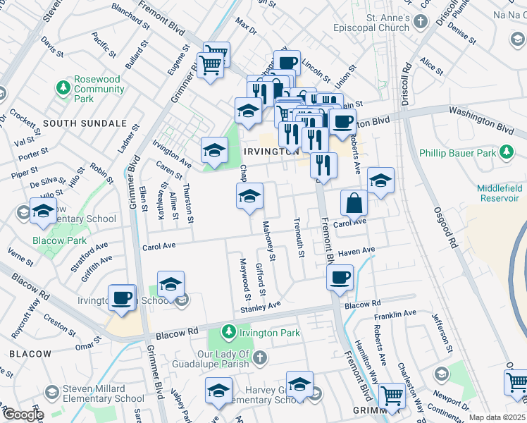 map of restaurants, bars, coffee shops, grocery stores, and more near in Fremont