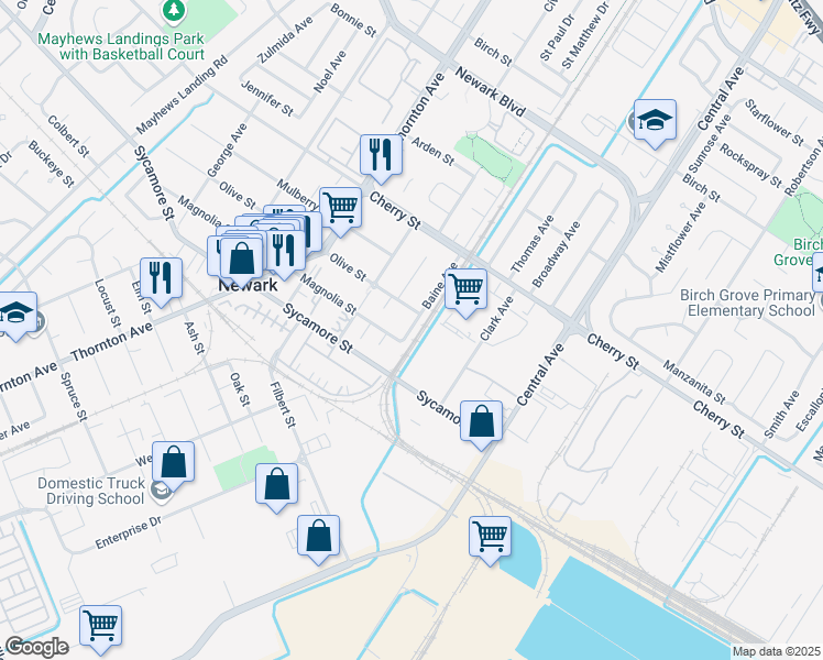map of restaurants, bars, coffee shops, grocery stores, and more near 37280 Magnolia Street in Newark