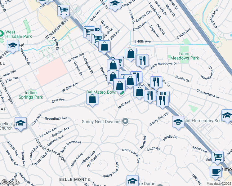 map of restaurants, bars, coffee shops, grocery stores, and more near 4330 Olympic Avenue in San Mateo