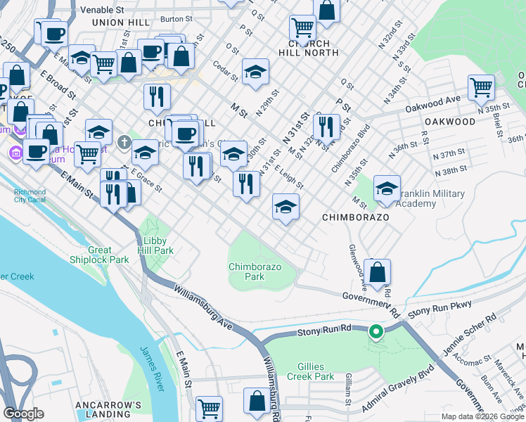 map of restaurants, bars, coffee shops, grocery stores, and more near 316 North 32nd Street in Richmond