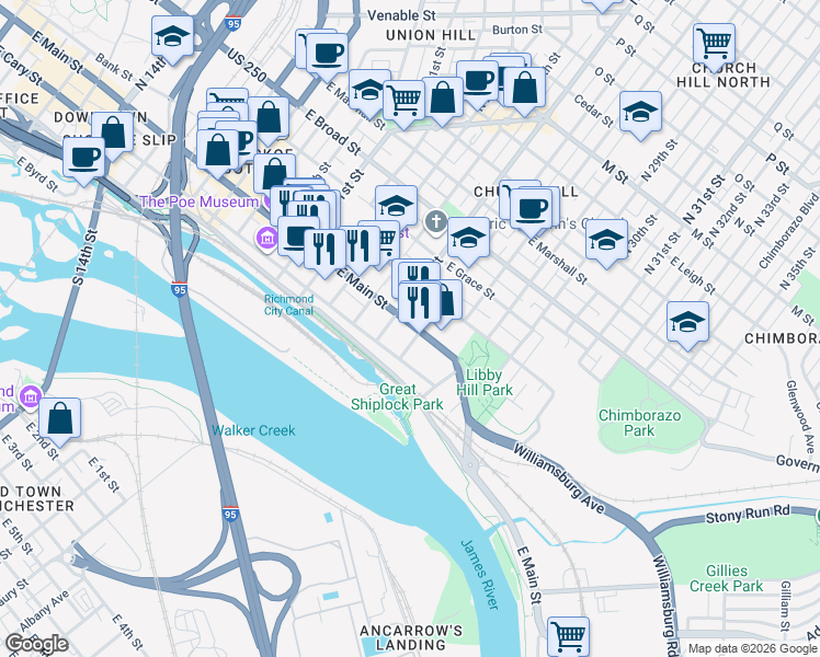 map of restaurants, bars, coffee shops, grocery stores, and more near 2515 East Main Street in Richmond