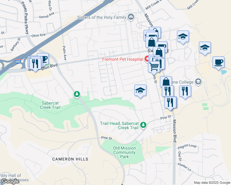 map of restaurants, bars, coffee shops, grocery stores, and more near 43401 Laurel Glen Common in Fremont