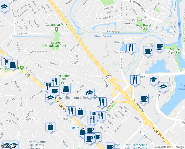 map of restaurants, bars, coffee shops, grocery stores, and more near 201 Oxford Way in Belmont