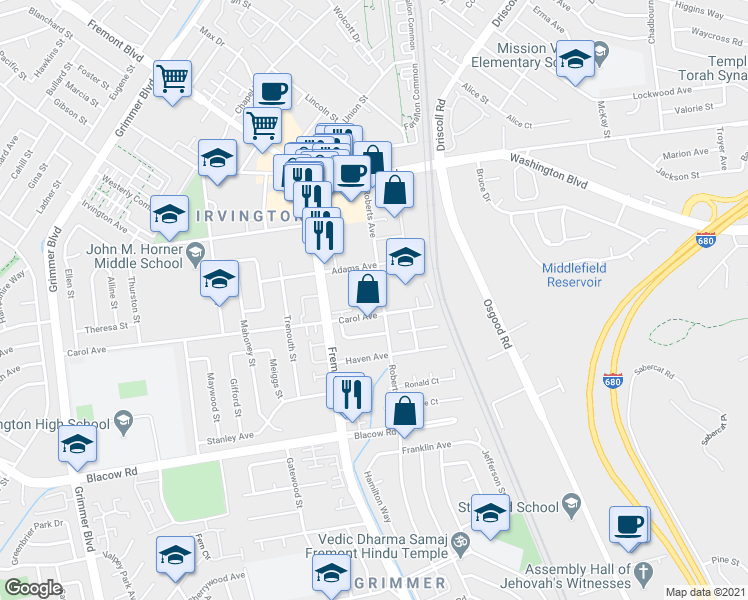 map of restaurants, bars, coffee shops, grocery stores, and more near 41401 Roberts Avenue in Fremont